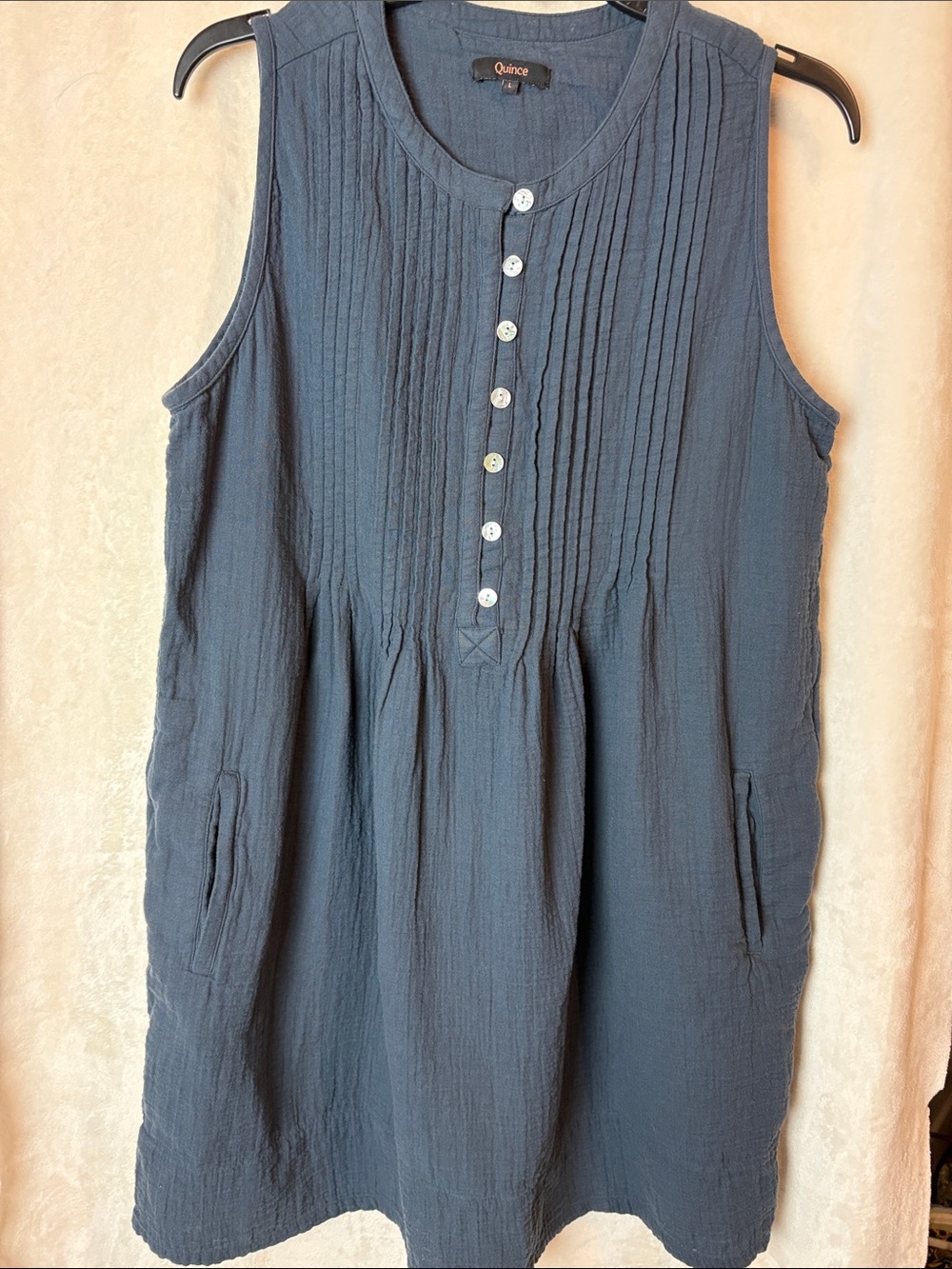 Quince Sleeveless Pintuck Linen Dress in Dusty Blue pockets large